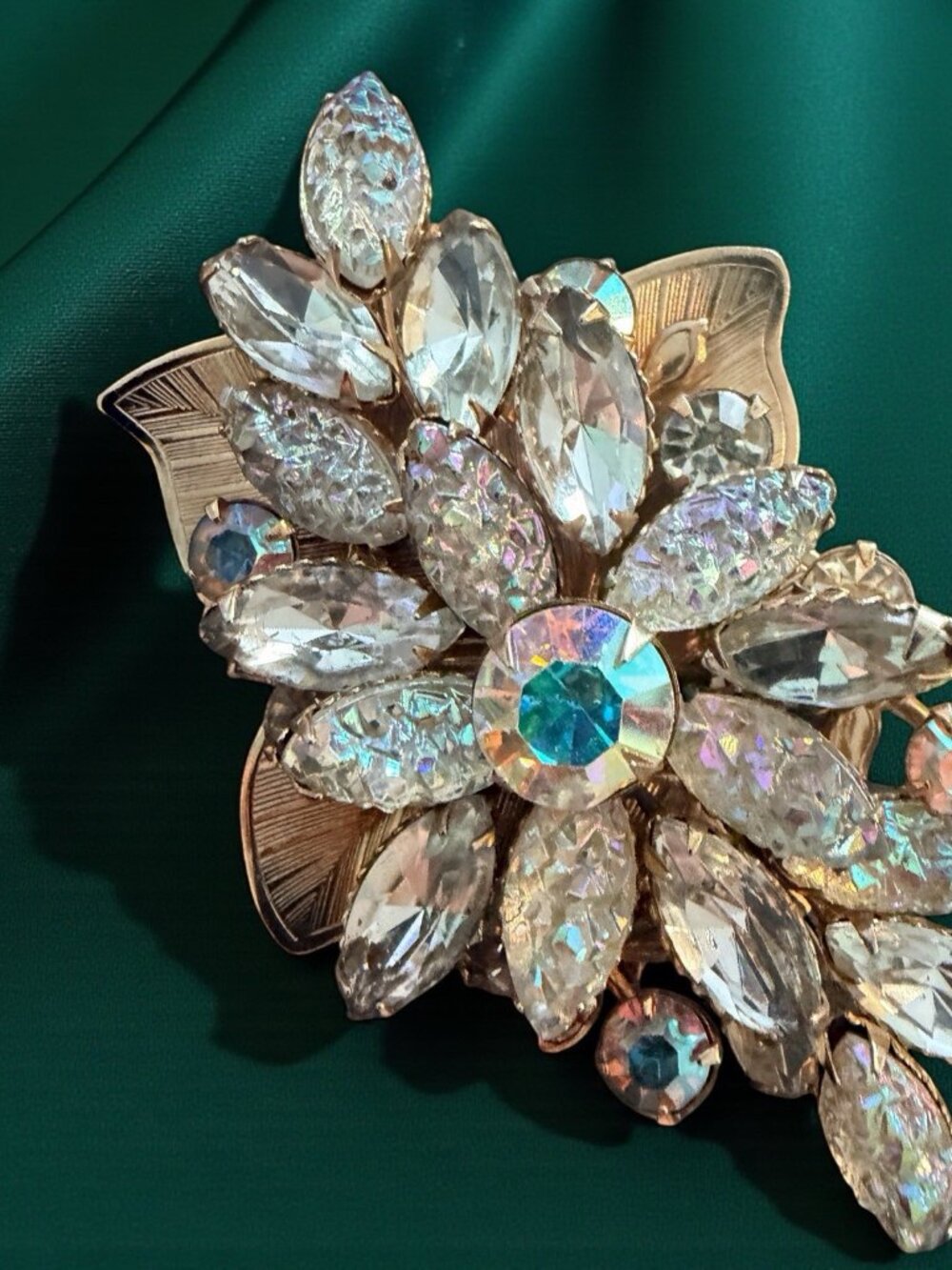 Vintage Judy Lee Large Brooch Pin AB Molded Glass Rhinestones Tiered Signed 3”h